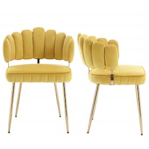 Modern Musterd Yellow Velvet Woven Accent Dining Chairs with Gold Metal Legs Set of 2