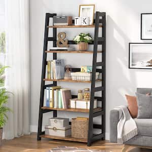 56.5 in. Brown Wood 5-Shelf Ladder Bookcase Vintage Bookshelf with 5-Tier Shelves