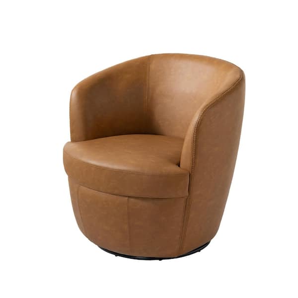Light Brown PU Leather Swivel Barrel Arm Chair with Metal Base (Set of 1)