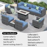 Messi Grey 11-Piece Wicker Outdoor Patio Fire Pit Conversation Sofa Set with Swivel Chairs and Denim Blue Cushions