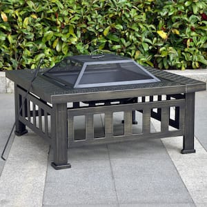 Bali 32 in. W x 22.44 in. H Outdoor Square Powder Coated Steel Wood Burning Fire Pit in Bronze with Grate and Poker