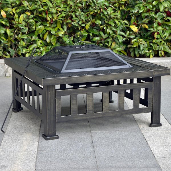 Bond Bali 32 in. W x 22.44 in. H Outdoor Square Powder Coated Steel Wood Burning Fire Pit in Bronze with Grate and Poker