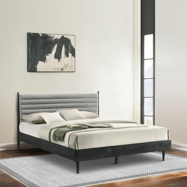 Armen Living Artemio Black Wood Frame King Platform Bed with Upholstered Headboard