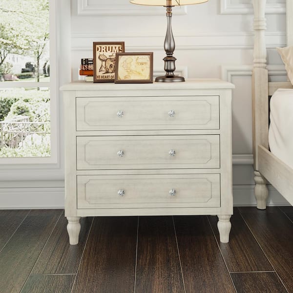 Retro White Classic 3-Drawer Nightstand-Assembly Required for Knobs and Legs Only
