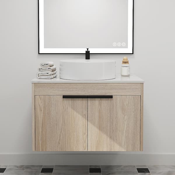 MYCASS 30 in. W x 19 in. D x 24 in. H 1 Sink Floating Bath Vanity in White Oak with White Porcelain Vanity Top in White with