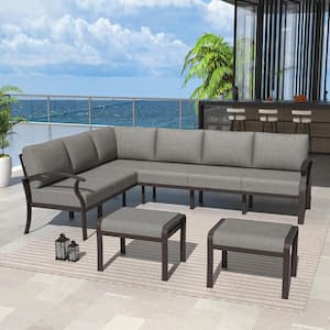 8-Seat Black Aluminum Outdoor Patio Conversation Sectional Set, with Armrest, Ottoman and Cushion Gray