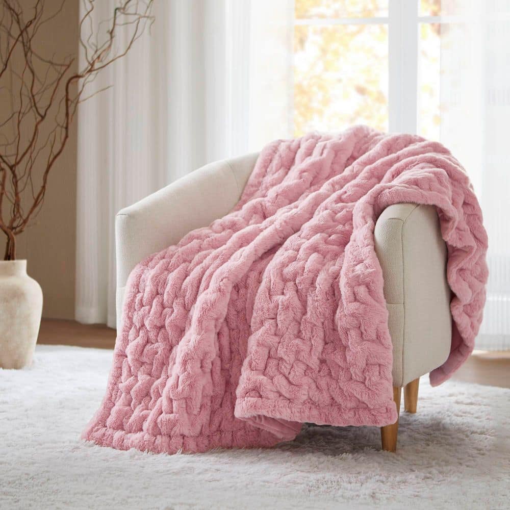 Madison Park Ruched Fur Pink Polyester Throw Blanket MP50-8803
