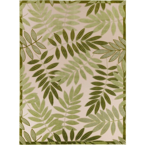 8' x 11' Green and Ivory Floral Indoor Outdoor Area Rug