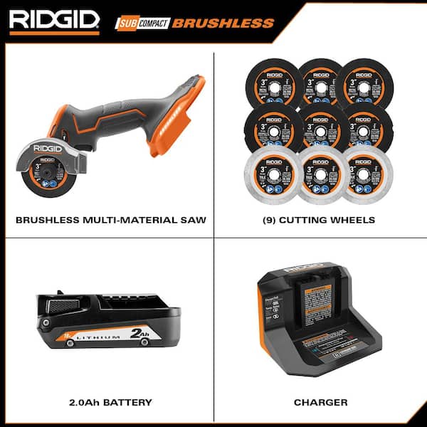 RIDGID 18V SubCompact Brushless Cordless in. Multi-Material Saw Kit with  (9) Cutting Wheels, 2.0 Ah Battery, and 18V Charger R87547KN-AC7CW61 The  Home Depot