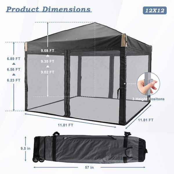 Aoodor 12 ft. x 12 ft. Pop Up Canopy Tent with Removable Mesh Sidewall with Roller Bag Black 800 153 BK N The Home Depot