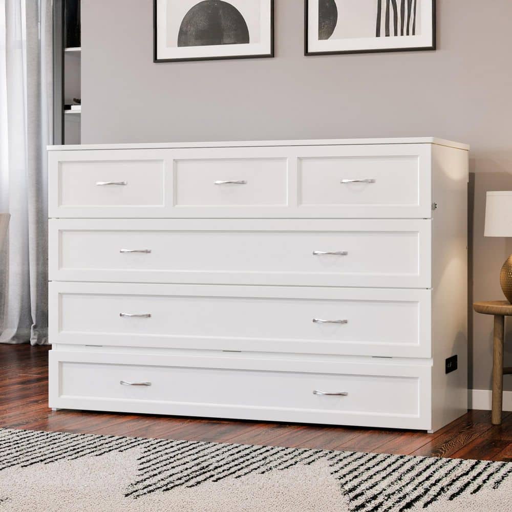 White Queen Murphy Bed Chest with Upholstered Wood Frame and Drawer