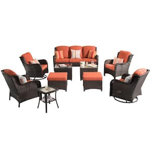 Joyoung Brown 10-Piece Wicker Swivel Outdoor Patio Conversation Seating Set with Orange Red Cushions