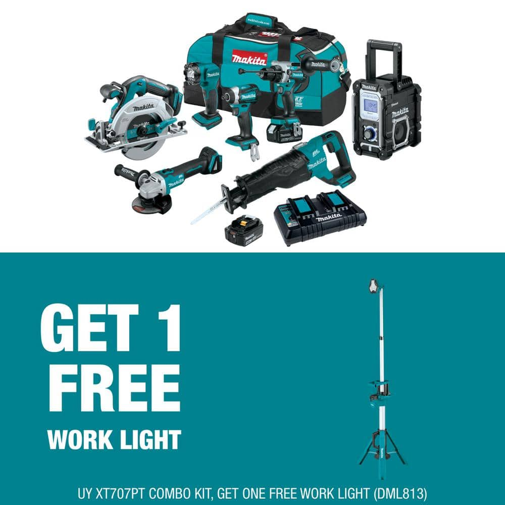 18V 5.0Ah LXT 7-Piece Brushless Cordless Combo Kit with bonus 18V LXT Lithium-Ion Cordless Tower Work Light (Light Only) -  Makita, XT707PT-DML813