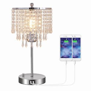 17 in. Chrome LED Integrated Table Lamp with 3-Way Dimmer Rotary Switch and Dual USB Charging Ports
