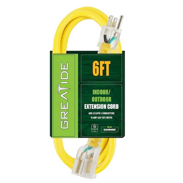 Etokfoks 6 ft. 12/3 Heavy-Duty Outdoor Extension Cord with 3 Prong Grounded Plug-15 Amps Power Cord Yellow