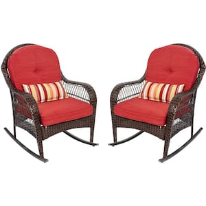 Brown Wicker Outdoor Rocking Chair with Red Cushion and Pillow Set of 2