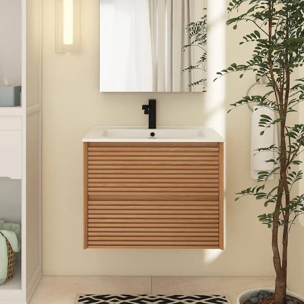 Boosicavelly 24 in. W Single Sink Wall-Mounted Bath Vanity in Walnut with White Ceramic Top