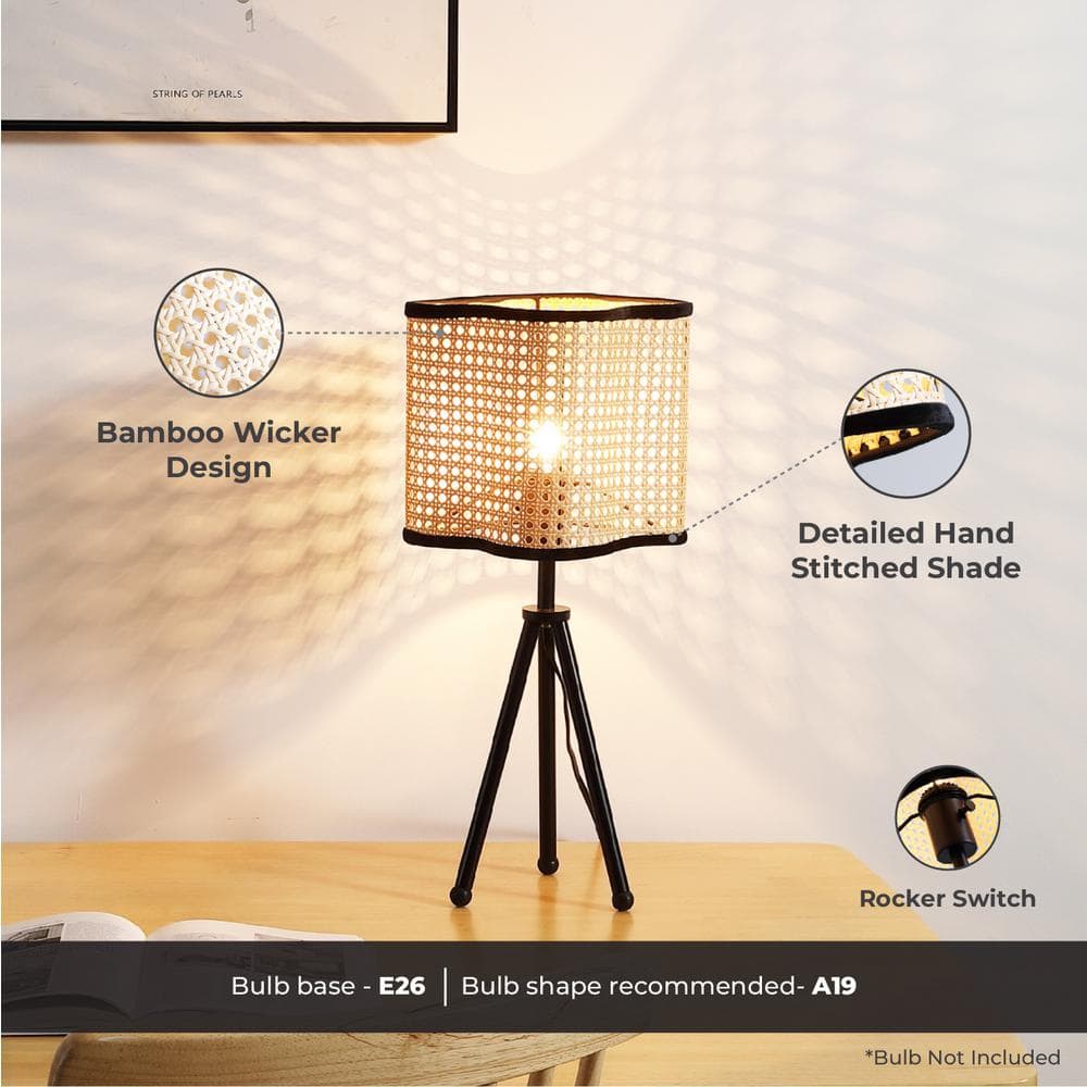 Black Iron Tripod Table Lamp with Rattan Shade