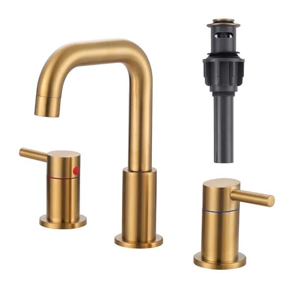 IVIGA 8 in. Widespread Double Handle Bathroom Faucet with Swivel Spout, 2 Aerators, Pop Up Drain and Supply Lines in Gold