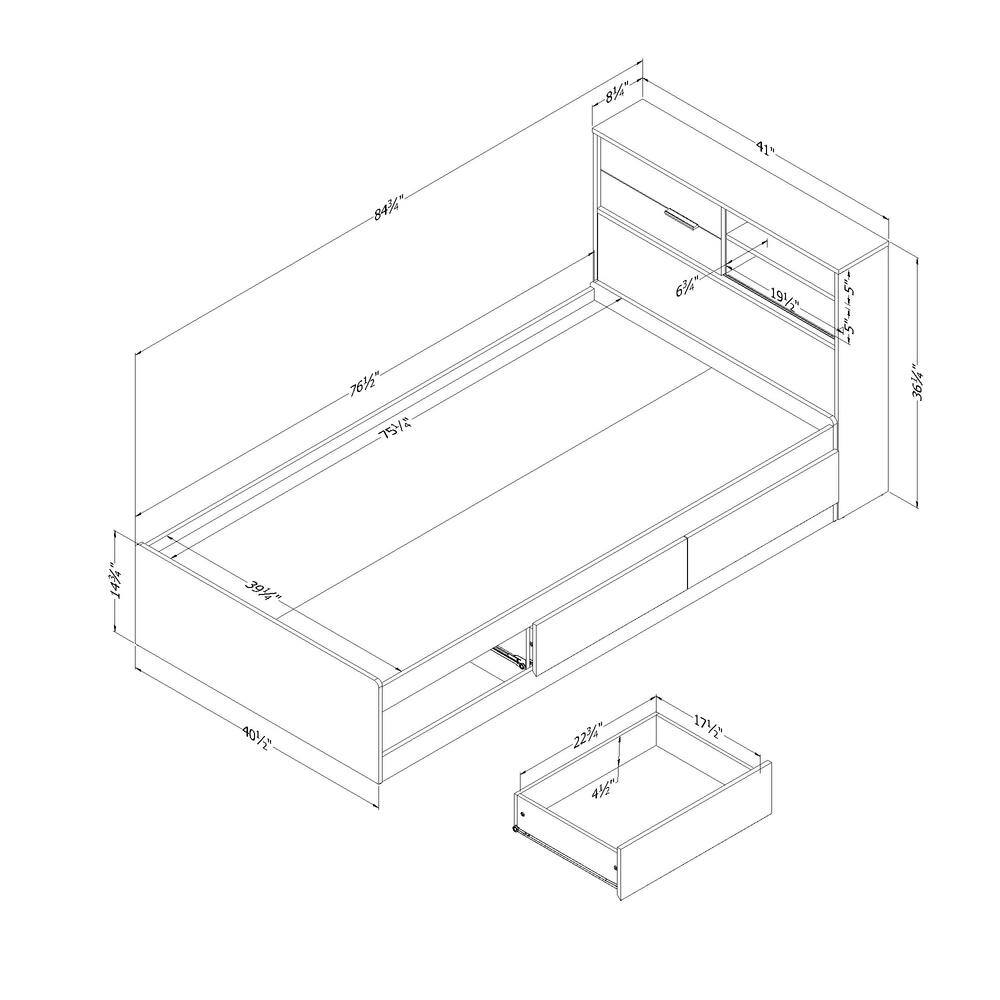 Gray Oak Twin Platform Bed with Storage and Bookcase Headboard