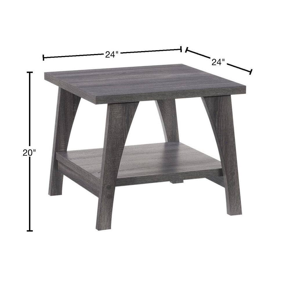 Dark Gray Square Wood Side Table with Lower Shelf