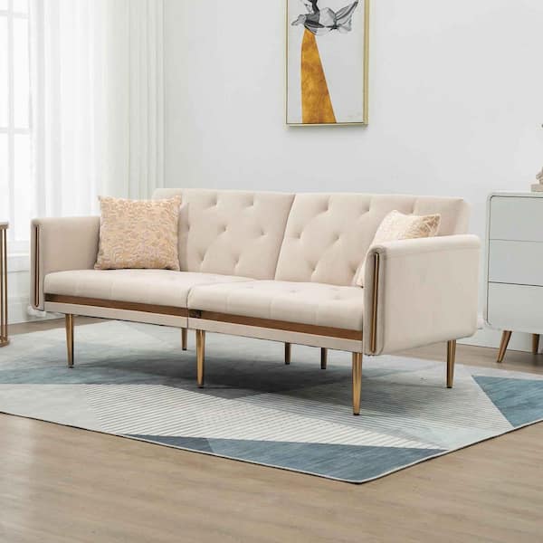 Seafuloy 73.23 in. W Flared Arm Velvet Straight Sofa Bed in Beige