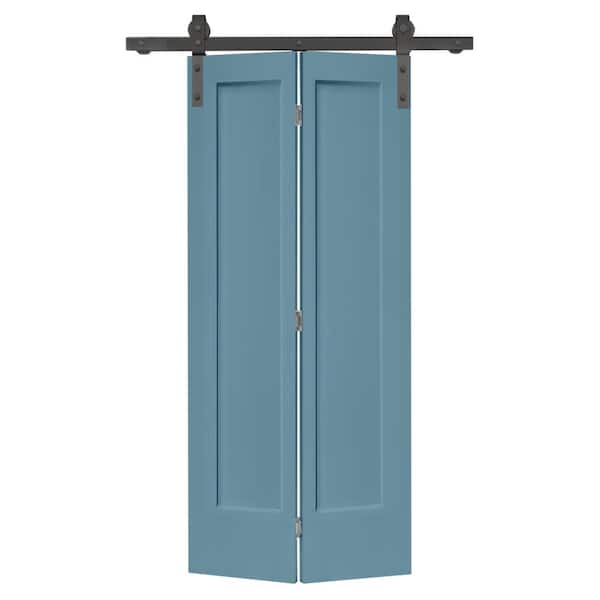 30 in. x 80 in. 1 Panel Shaker Dignity Blue Painted MDF Composite Bi-Fold Barn Door with Sliding Hardware Kit