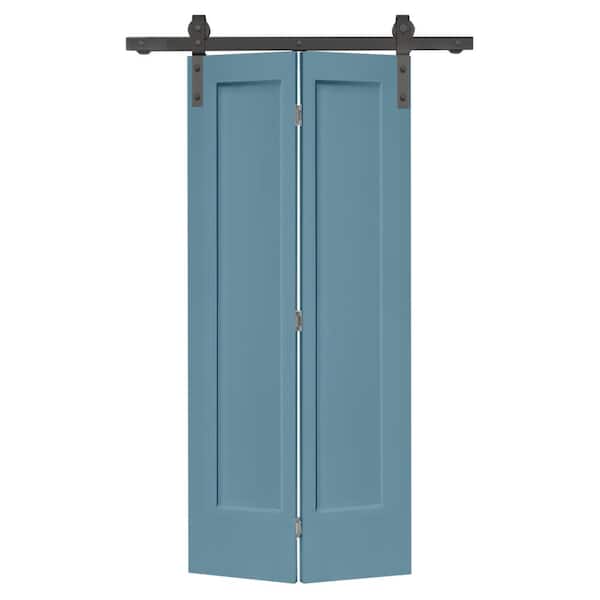 CALHOME 36 in. x 80 in. 1 Panel Shaker Dignity Blue Painted MDF Composite Bi-Fold Barn Door with Sliding Hardware Kit