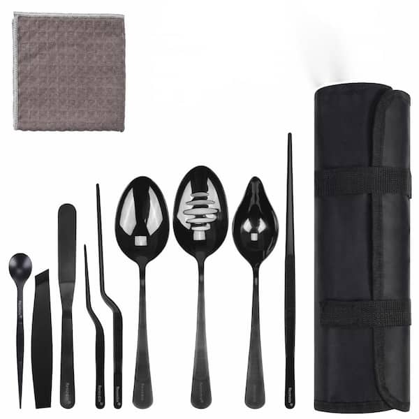 9-Piece Black Stainless Steel Culinary Plating Set with Storage Roll and Cleaning Cloth for Food Presentation