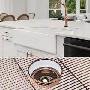 Luxury White Solid Fireclay 36 in. Single Bowl Farmhouse Apron Kitchen Sink with Polished Rose-Gold Accs and Flat Front