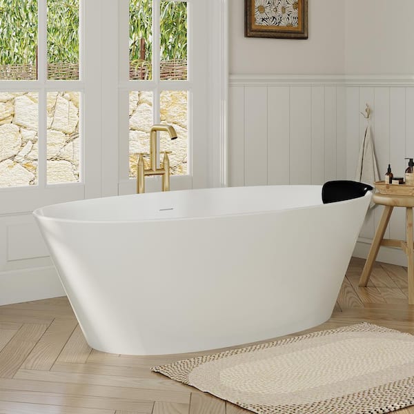 VANITYFUS 66.93 in. x 33.46 in. Stone Resin Solid Surface Freestanding Soaking Bathtub with Hose, Drain and Pillow in Matte White