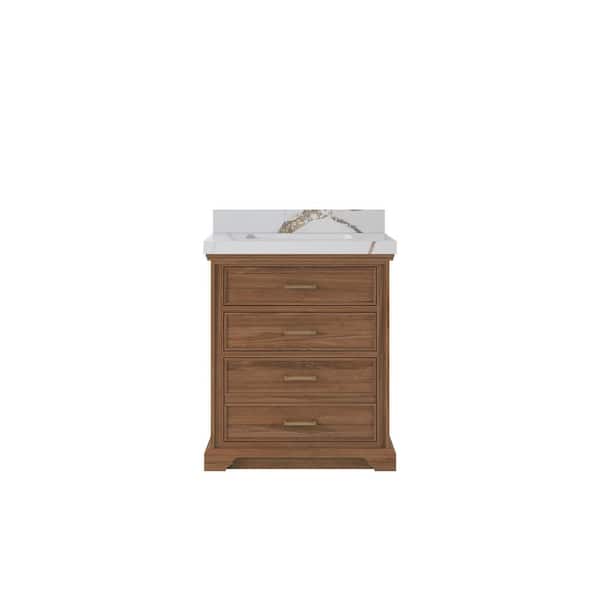 Willow Collections Charlotte 30 in. W x 22 in. D x 36 in. H Single Sink Bath Vanity Center in Dark Natural with 2" Calacatta Gold Qt. Top