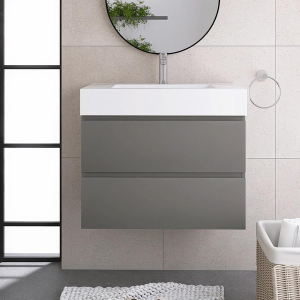 30 in. W x 18 in. D x 25.2 in. H Single Sink Floating Bath Vanity in Gray with White Solid Surface Top
