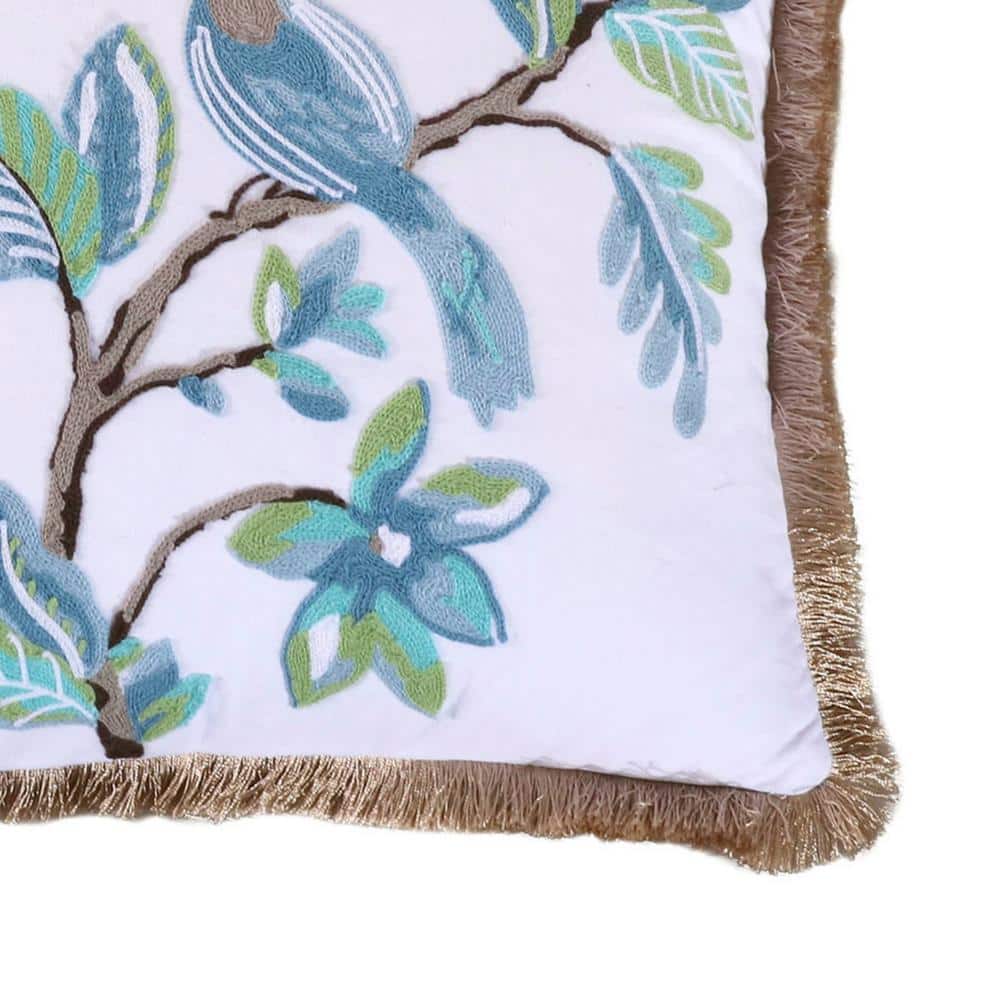 Ivory Embroidered Bird Frayed Edge Throw Pillow 18x18