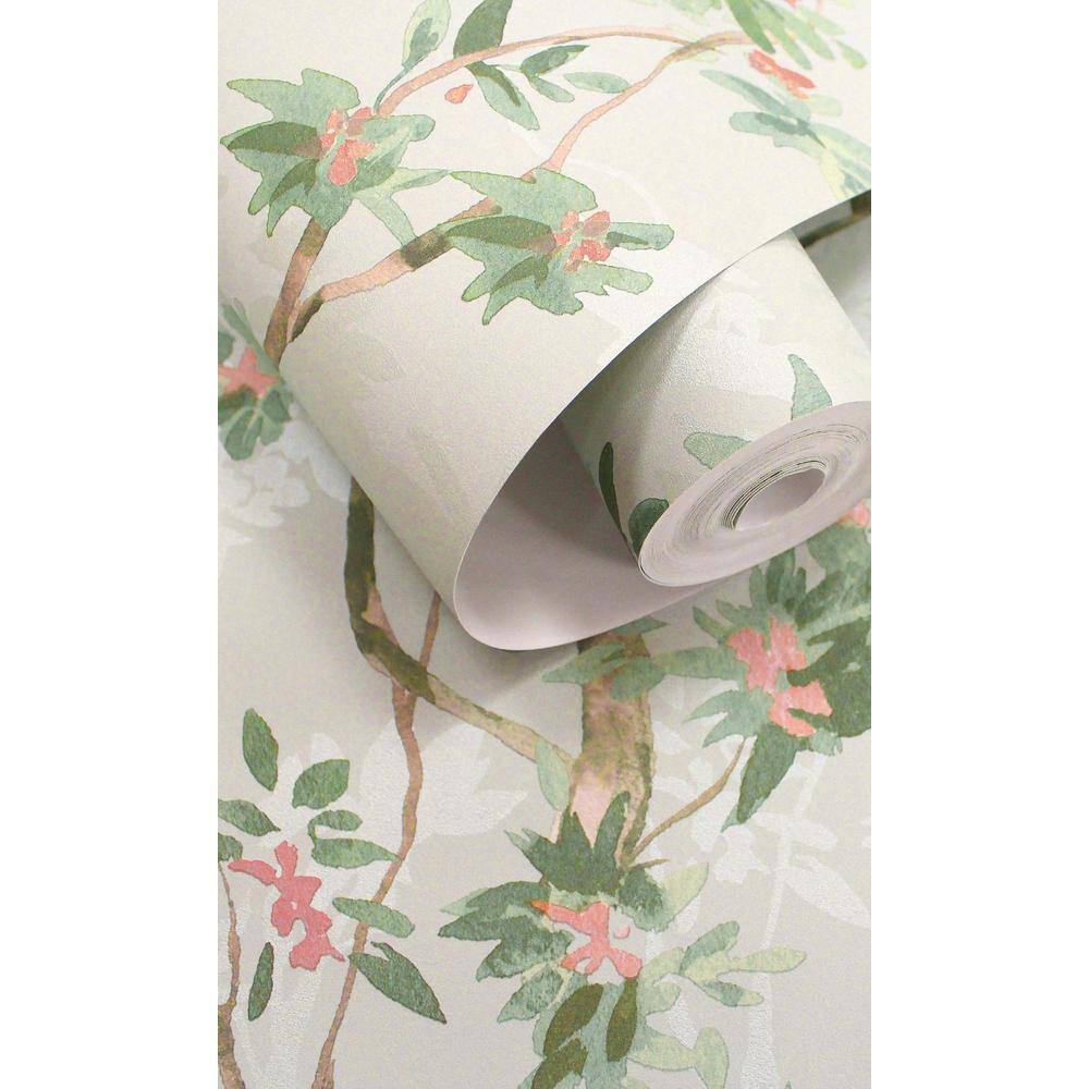 Cream and Pink Textured Non-Woven Tropical Wallpaper Roll