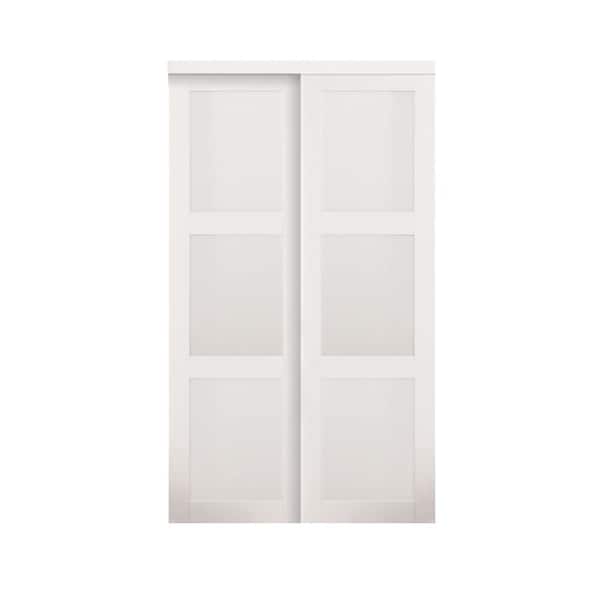 TRUporte 60 in. x 80 in. 2030 Series Off White 3-Lite Tempered Frosted Glass Composite Sliding Door