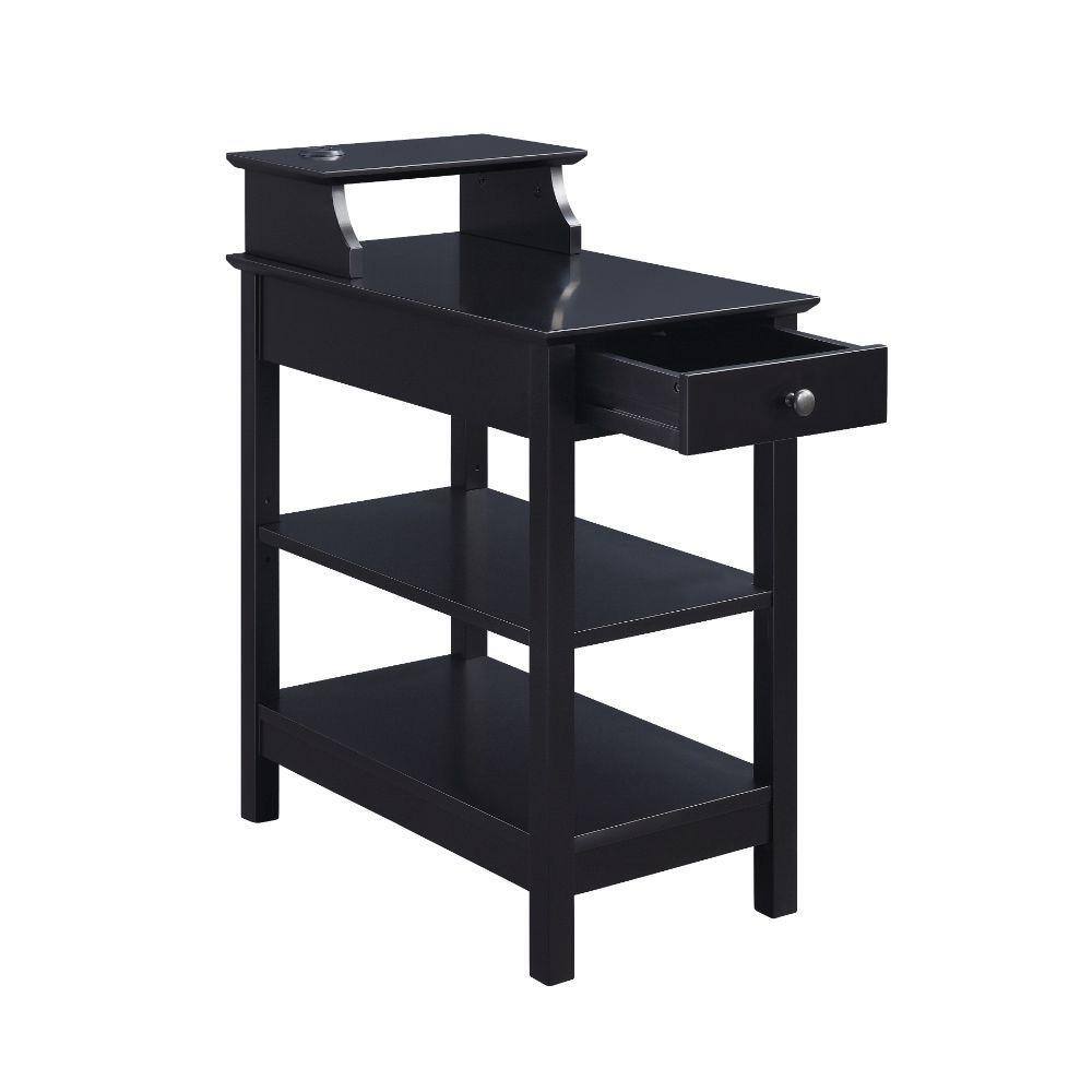 Black Wood Rectangular Side Table with USB Charging Dock