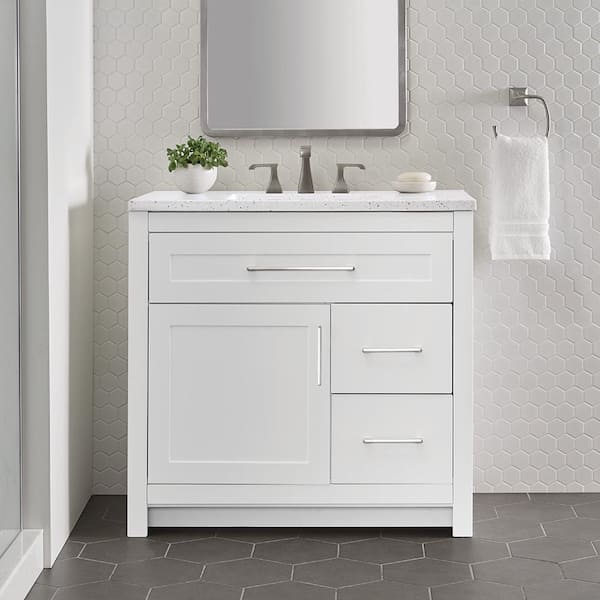 Home Decorators Collection Clady 37 in. W x 19 in. D x 35 in. H Single Sink Freestanding Bath Vanity in White with Silver Ash Cultured Marble Top