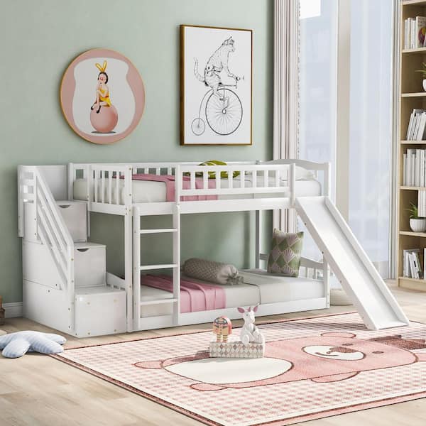 GOJANE White Twin Over Twin Stairway Bunk Bed with 2-Drawers and Slide ...
