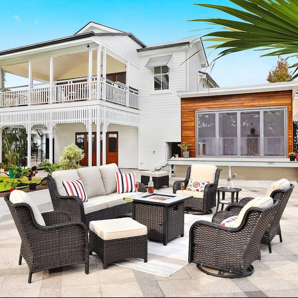 HOOOWOOO Oreille Brown 9-Piece Wicker Outdoor Firepit Patio Conversation Sofa Set with Swivel Rocking chairs and Beige Cushions