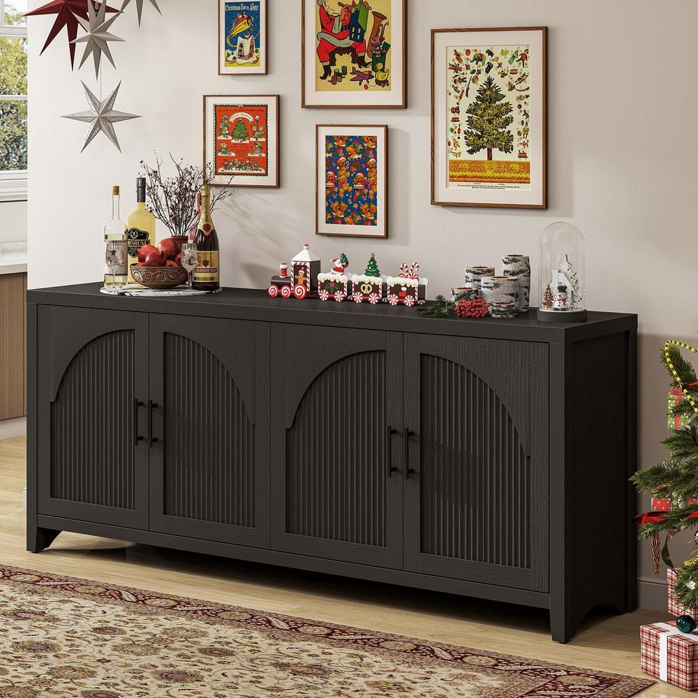 70 in. Modern Grain Black TV Stand Entertainment Center Fits TVs Up to 75 in. with 4-Arched Reeded Doors