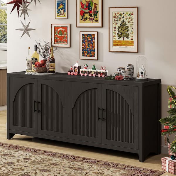 70 in. Modern Grain Black TV Stand Entertainment Center Fits TVs Up to 75 in. with 4-Arched Reeded Doors