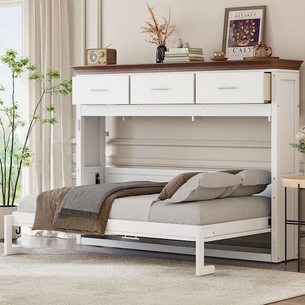 White Wood Frame Twin Murphy Bed with 3 Drawers