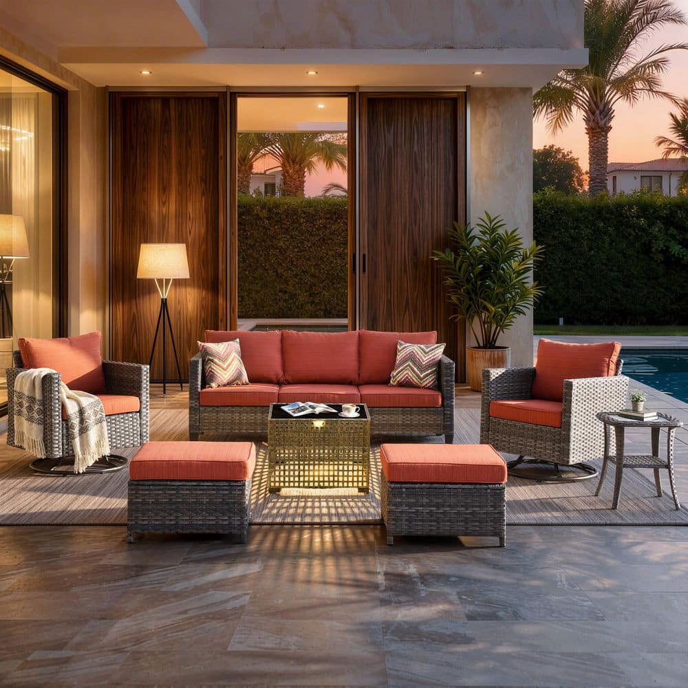 New Vultros Gray 7-Piece Wicker Outdoor Patio Conversation Set with Orange Red Cushions and Solar LED Coffee Table price history on PriceWatchPro