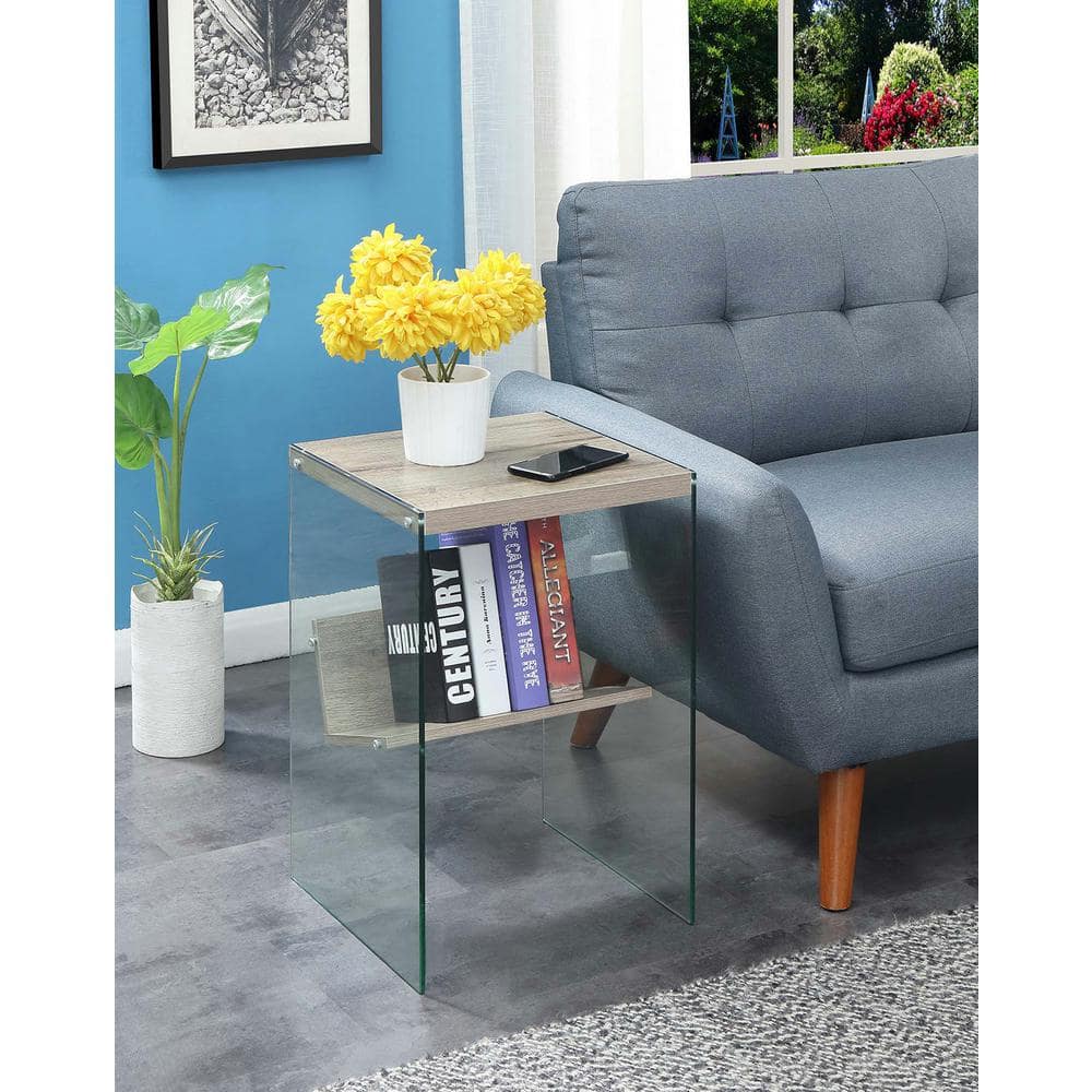 Sandstone and Glass Rectangular End Table with Lower Shelf