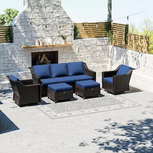 5-Piece Wicker Outdoor Patio Conversation Sectional Set With Blue Cushions