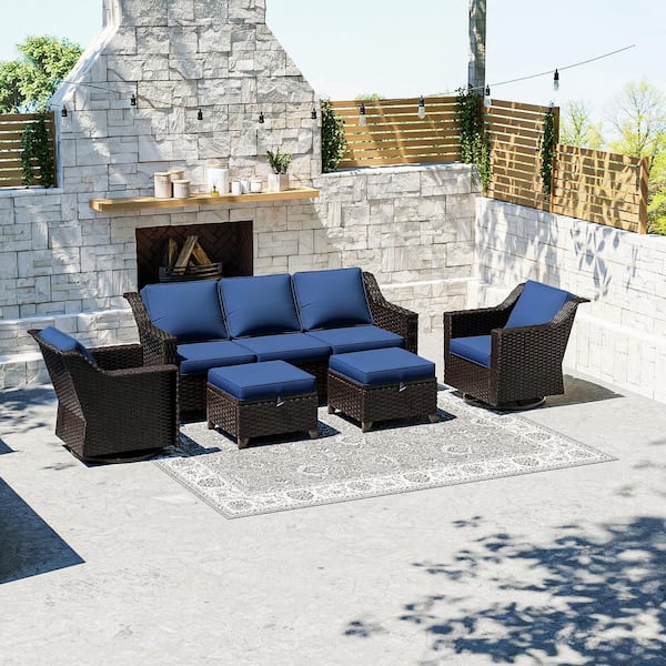 Gardenbee 5-Piece Wicker Outdoor Patio Conversation Sectional Set With Blue Cushions