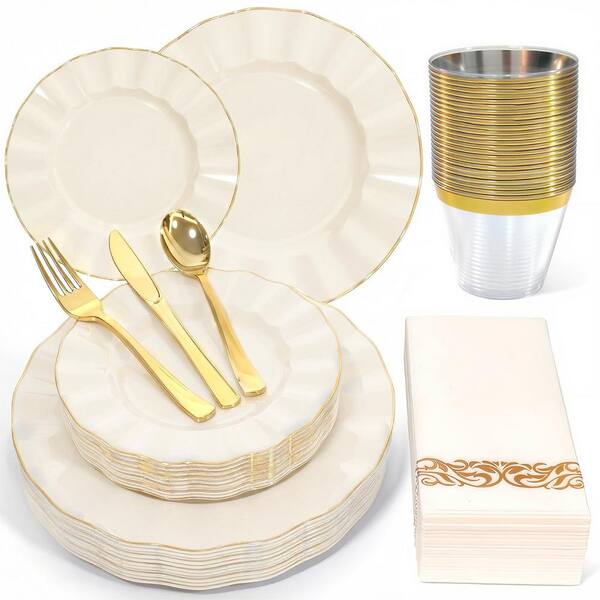White Gold Disposable Plastic Party Dinnerware Set with Plates Cups Silverware and Napkins (Set of 175)