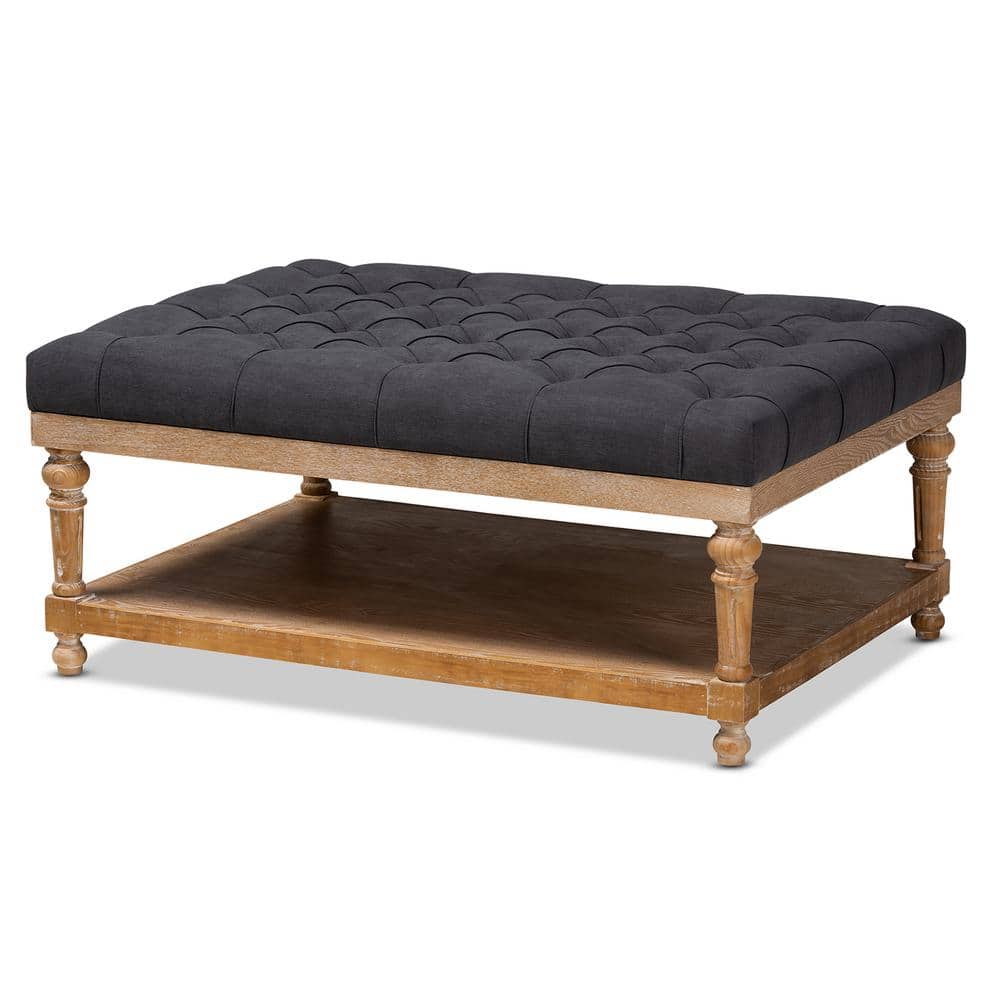 Charcoal Linen Fabric Tufted Cocktail Ottoman with Storage Shelf
