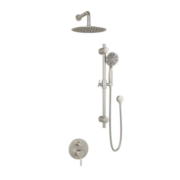 PULSE Showerspas Refuge 6-Spray Patterns with 1.8 GPM 10 in. Wall Mounted Dual Showerheads with Slide Bar and Valve in Brushed Nickel
